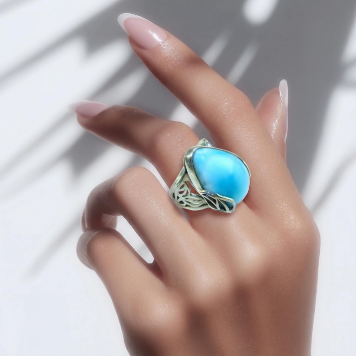 16.9 carat Blue Perfection natural Larimar .925 Sterling Silver handmade Large ring size 6 adjustable - Larimar ring worn on hand, showcasing blue stone and silver design.