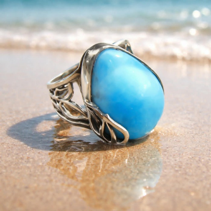 16.9 carat Blue Perfection natural Larimar .925 Sterling Silver handmade Large ring size 6 adjustable - Close-up of 16.9 carat Blue Larimar ring on sand near water.