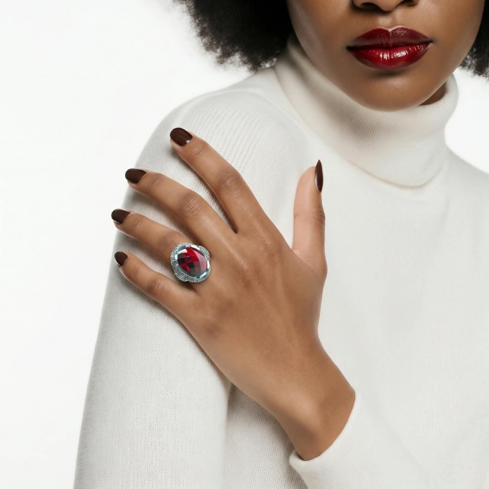 Red Cascade Authentic 25.4 carat Garnet .925 Sterling Silver brilliantly handcrafted large Statement Ring size 7 - Close-up of garnet ring worn on hand, showcasing stone and silver setting.