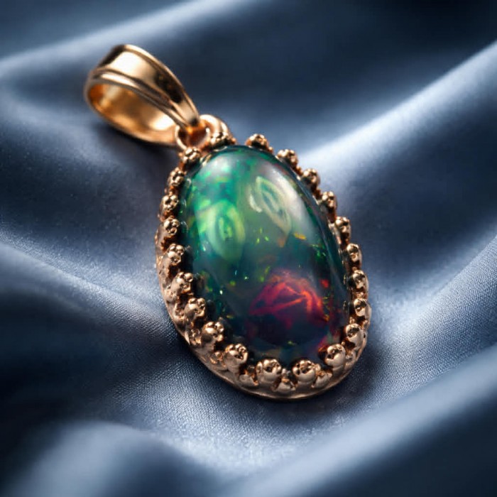 Black Galaxy 14.5 ctw Authentic Black Opal 18K Gold over .925 Sterling Silver handmade Pendant - Black Opal pendant close-up on blue fabric background