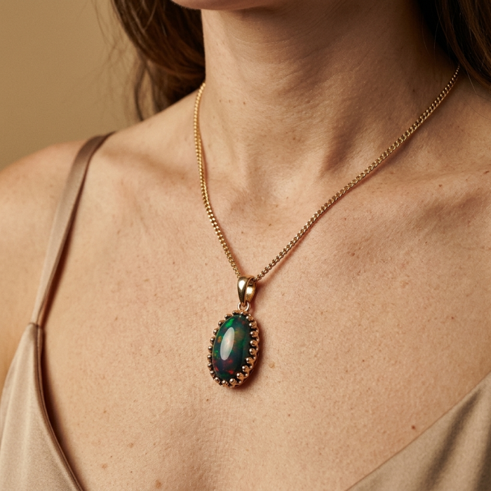Black Galaxy 14.5 ctw Authentic Black Opal 18K Gold over .925 Sterling Silver handmade Pendant - Opal necklace close-up worn around neck.