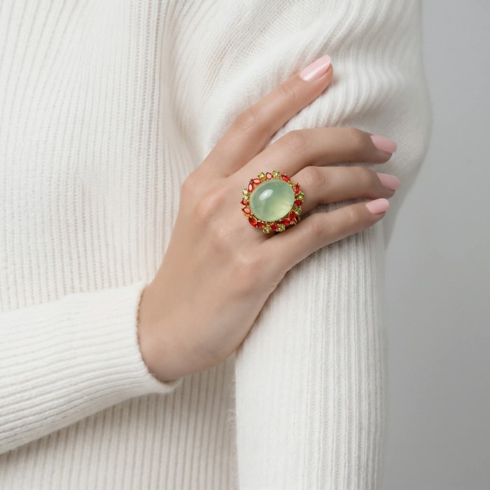 Vintage Style Best quality 27.8 carat Prehnite 18K Gold over .925 Sterling Silver handcrafted Ring Size 6 - Vintage-style Prehnite ring worn on hand, close-up shot