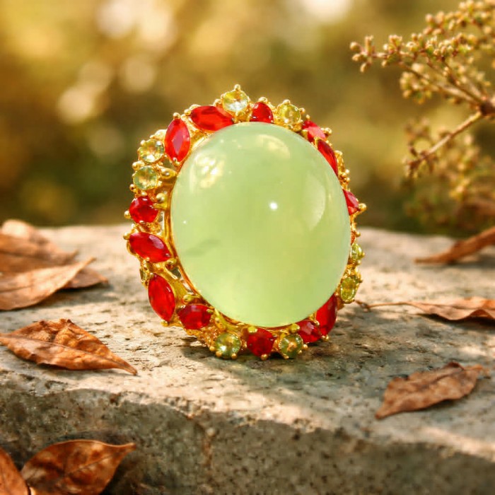 Vintage Style Best quality 27.8 carat Prehnite 18K Gold over .925 Sterling Silver handcrafted Ring Size 6 - Close-up of vintage style Prehnite ring with red and green gems.
