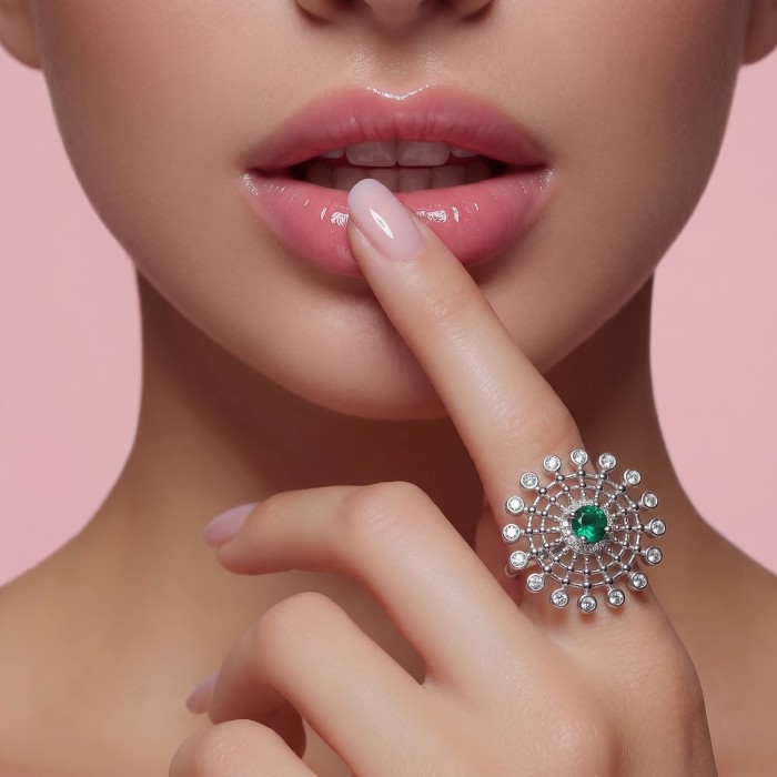 0.7 carat natural Colombian Emerald .925 Sterling Silver handmade Statement Ring size 8 1/4 - Emerald ring worn on hand, close-up on lips and finger