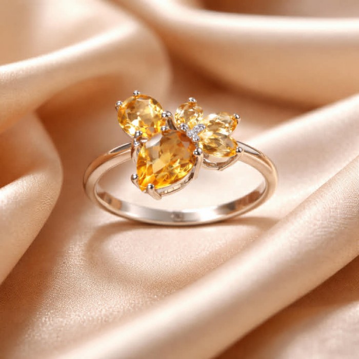 Golden Treasure 7.5 carat Brazilian Citrine .925 Sterling Silver Handcrafted Ring size 9 - Golden Treasure ring with Brazilian Citrine, front view on satin fabric.