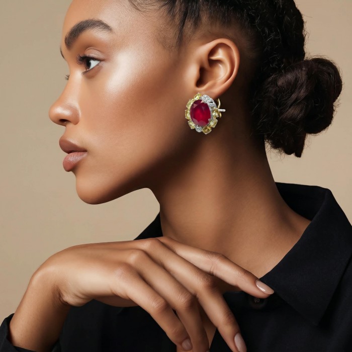 Black Lable Collection - Blooming Roses Authentic 28.9 carat Mozambique Ruby Rhodium over .925 Sterling Silver brilliantly handcrafted earrings - Side view of Blooming Roses earring worn on model's ear.