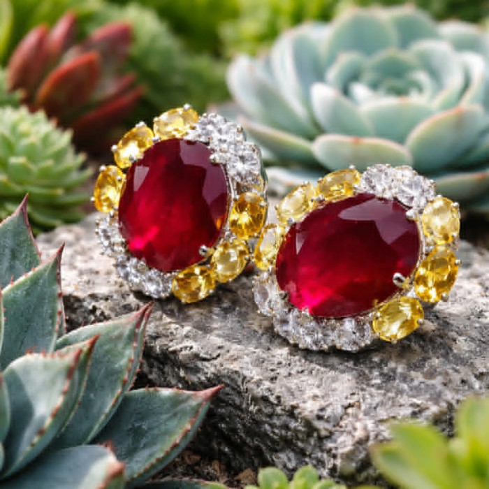 Black Lable Collection - Blooming Roses Authentic 28.9 carat Mozambique Ruby Rhodium over .925 Sterling Silver brilliantly handcrafted earrings - Close-up of Blooming Roses earrings on a natural stone background.