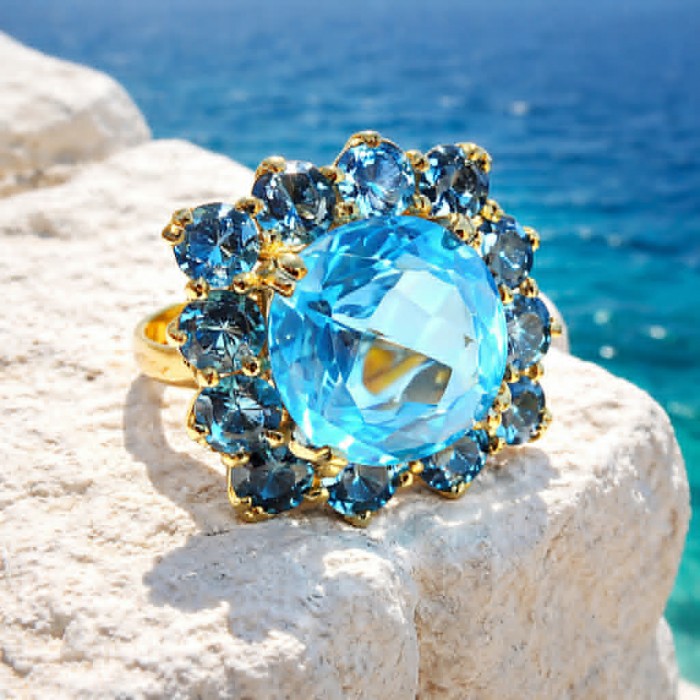 Pacifica - Authentic 20.8 carat Swiss Blue Topaz Sapphire 22K Gold over .925 Sterling Silver handcrafted Large Statement ring size 6 3/4 - Close-up of Pacifica 20.8 ct Swiss Blue Topaz Sapphire ring on rock.