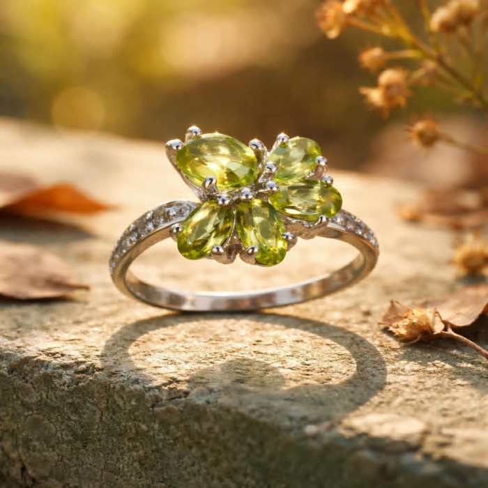 Authentic 8.9 carat Peridot .925 Sterling Silver handmade Ring s. 7 - Silver ring with 8.9 carat green peridot stones, outdoor setting.