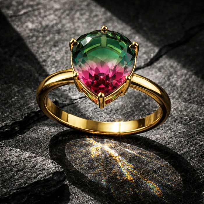 6.8 carat Brazilian Tourmaline .925 Sterling Silver dipped in 18K Gold Perfectly handcrafted Ring s. 8 adjustable - Gold ring with 6.8 ct Brazilian Tourmaline, close-up view on a dark surface.