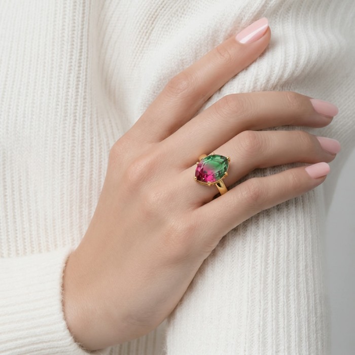 6.8 carat Brazilian Tourmaline .925 Sterling Silver dipped in 18K Gold Perfectly handcrafted Ring s. 8 adjustable - 6.8 carat Brazilian Tourmaline ring worn on hand, side view