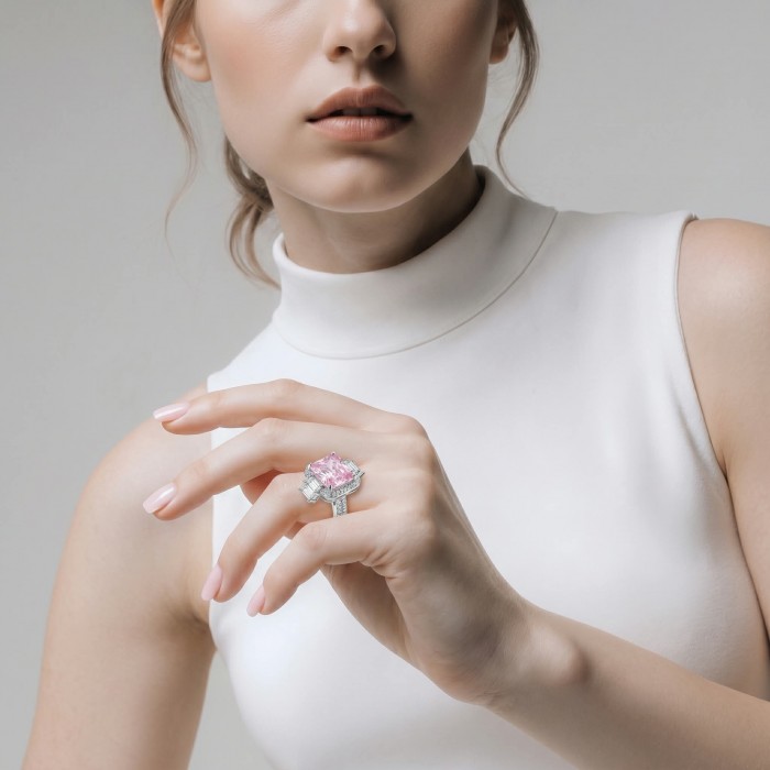 Isabella - Light Pastel 7.7 carat Kunzite .925 Silver handcrafted Cocktail Ring s. 7 1/4 - Kunzite ring worn on hand, showcasing the light pastel stone.