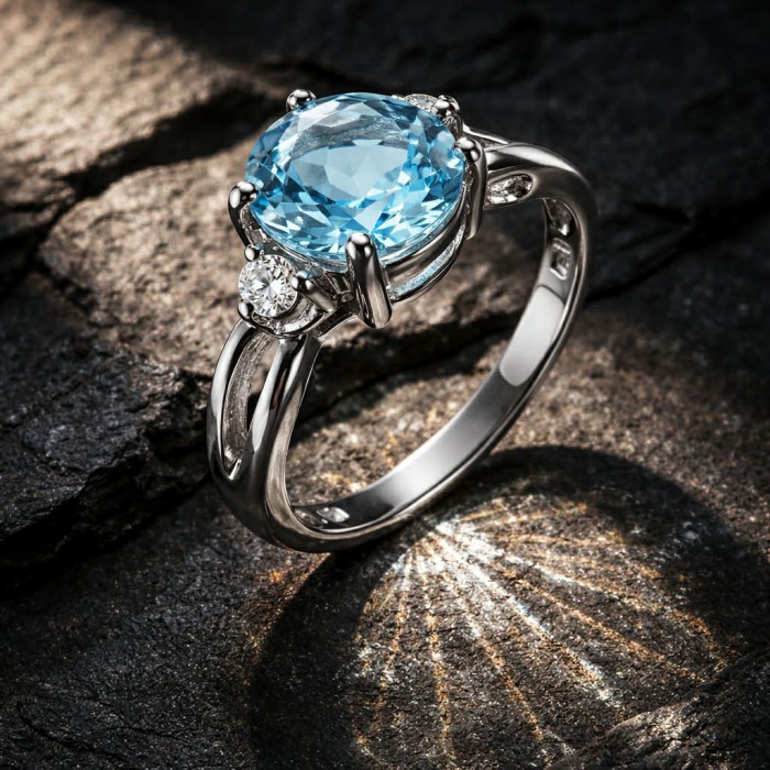 3.5 carat authentic Swiss Blue Topaz .925 Sterling Silver handmade Statement Ring size 8 3/4 - Side view of Swiss Blue Topaz ring in .925 sterling silver on dark surface.
