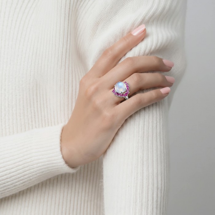 Top quality AAA+ quality Rainbow Moonstone .925 Sterling Silver handmade ring s. 9 - Moonstone ring with pink accents, worn on hand, top view.