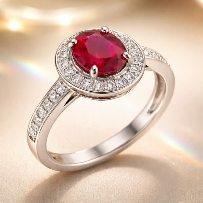 Giovanna - 4.5 carat Ruby .925 Sterling Silver handcrafted incredible ring s. 7 - Ruby ring with diamonds in sterling silver, angled view.
