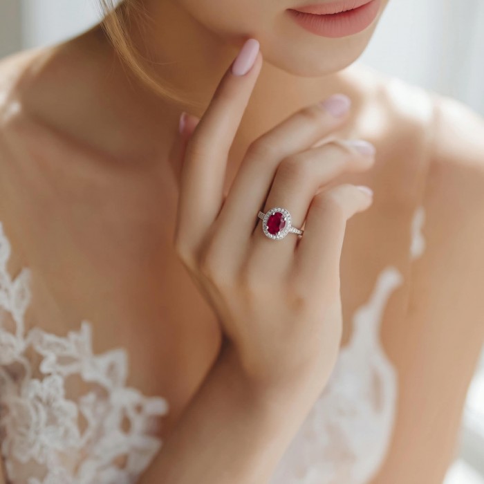 Giovanna - 4.5 carat Ruby .925 Sterling Silver handcrafted incredible ring s. 7 - Ruby ring worn on hand, close-up view.
