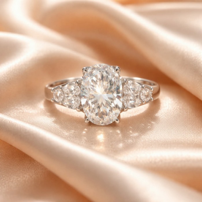 Oval cut 8.2 carat light yellow Sapphire .925 Sterling Silver brilliantly handcrafted ring s. 7 3/4 - Oval-cut sapphire ring on silk fabric, top view.