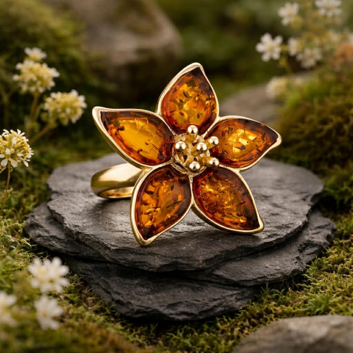 Summer Friday Authentic Baltic Amber 18K Gold over .925 Sterling Silver handcrafted ring; s. 7 adjustable - Close-up of flower-shaped Baltic amber ring on a rock display.