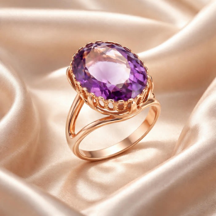 Top quality 17.2 carat Amethyst .925 Sterling Silver dipped in 18K Rose Gold Handcrafted Ring size 9 - Amethyst ring on silky fabric, side view