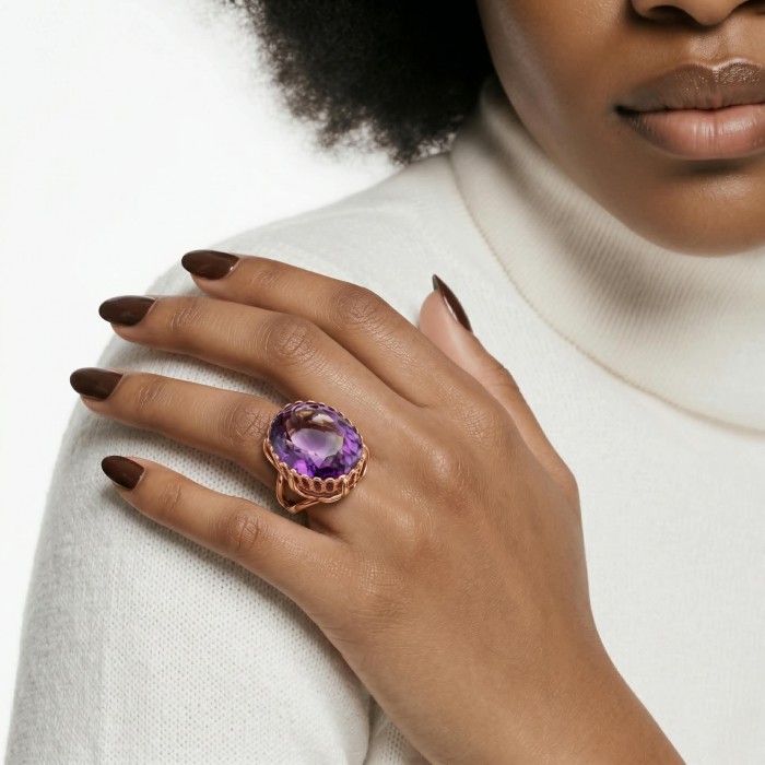 Top quality 17.2 carat Amethyst .925 Sterling Silver dipped in 18K Rose Gold Handcrafted Ring size 9 - Close-up of amethyst ring worn on hand, highlighting stone and setting.