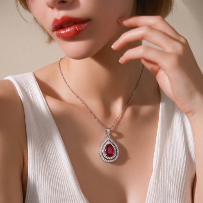 Heirloom Genuine 4.5 carat Ruby .925 Sterling Silver handmade Pendant - Woman wearing Heirloom Ruby Necklace, front view