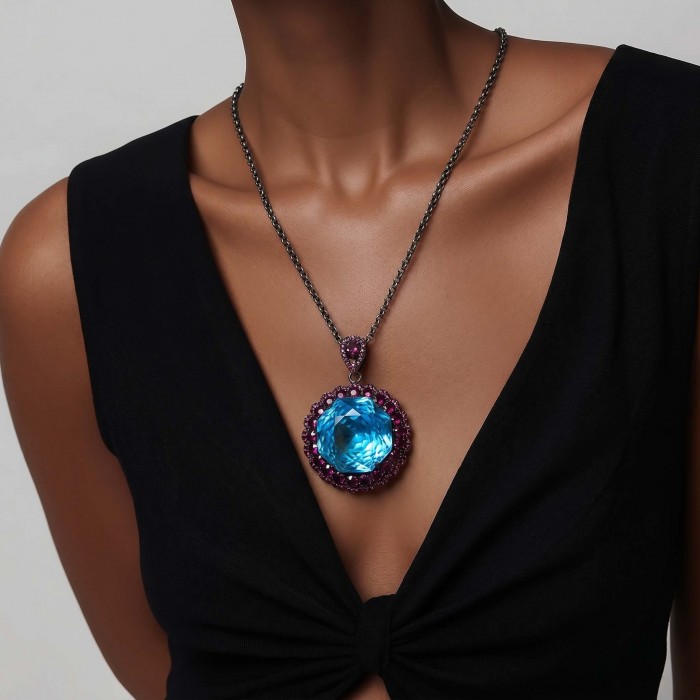 Stella Authentic 26.1 carat Blue Topaz Black rhodium over .925 Sterling Silver Handcrafted necklace - photo 1
