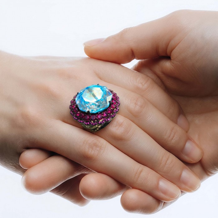 Stella Authentic 24.4 carat Blue Topaz Black rhodium over .925 Sterling Silver Handcrafted Ring size 7 adjustable - photo 1
