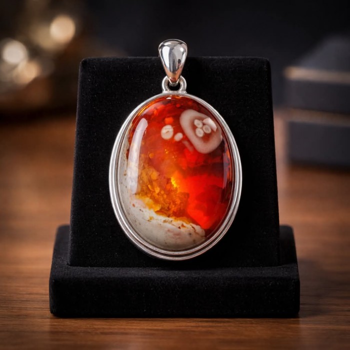 Inner Fire Natural 20.2 carat Mexican Fire Opal .925 Sterling Silver dipped in rhodium handmade Pendant - Front view of Mexican Fire Opal pendant on display stand