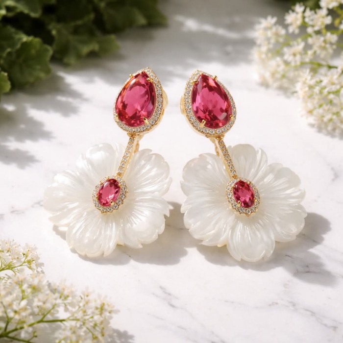 Summer Flowers Blister Pearl Red Topaz 14K Gold over .925 Sterling Silver handcrafted Earrings - Earrings with pearls and red topaz on marble background, top view