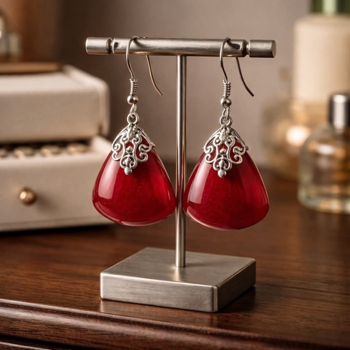 Elizabeth Natural Fossilized Coral .925 Sterling Silver handcrafted earrings - Red coral earrings with silver filigree on display stand, front view.