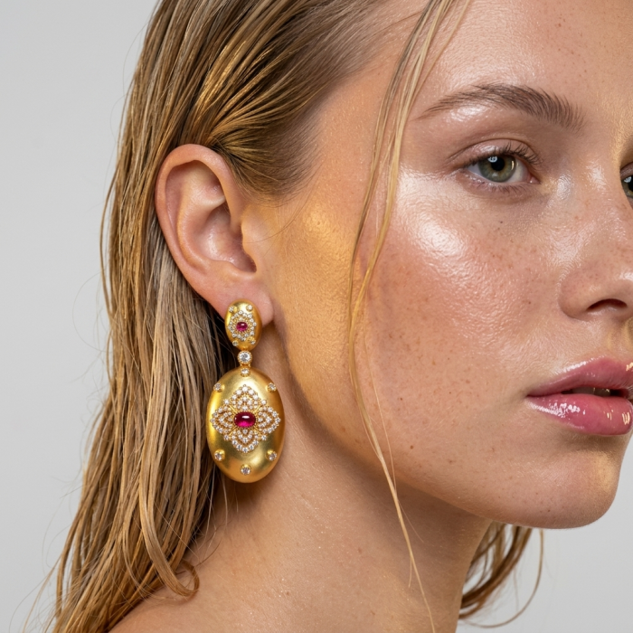 Byzantine design Authentic 8.2 carat 18K Gold over .925 Sterling Silver handcrafted Statement earrings - Side view of Byzantine design gold earring with gemstones worn on ear.