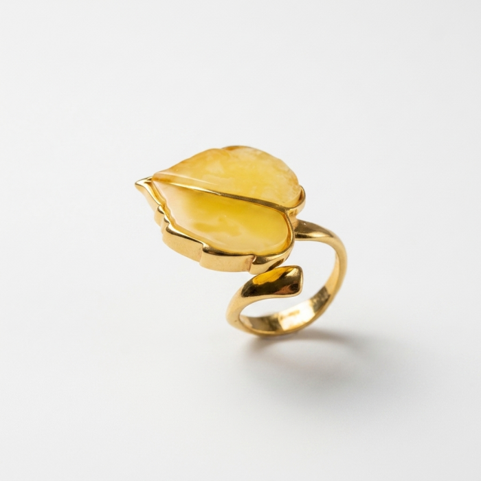 Golden Leaf - Natural Butterscotch Baltic Amber .925 Sterling Silver dipped in 18K Gold handcrafted ring; s. 7 adjustable - Side view of Golden Leaf ring with Butterscotch Baltic Amber stone.