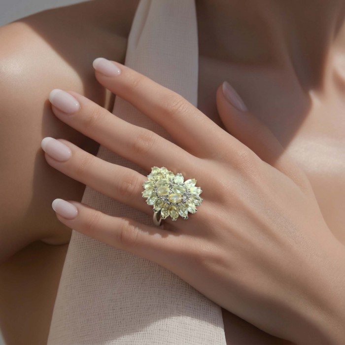 Fancy 18.8 carat Genuine Lemon Quartz .925 Sterling Silver DIPPED IN REAL RHODIUM handcrafted ring size 7 - Fancy 18.8 carat Lemon Quartz ring worn on hand, front view