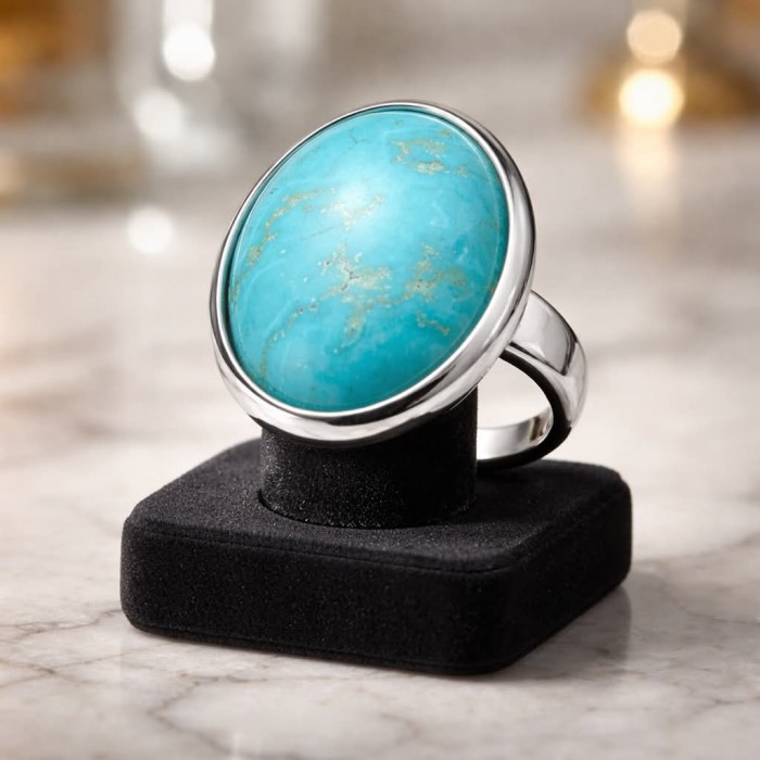 RARE KINGMEN Turquoise .925 Sterling Silver handmade Large ring size 11 - Turquoise ring in silver setting displayed on a stand, close-up view.