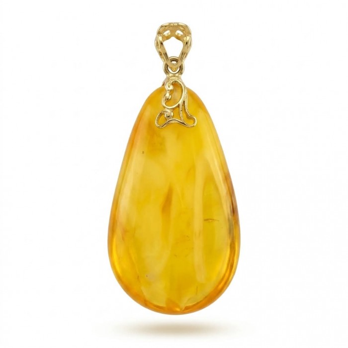Prehistoric Authentic Baltic Amber REAL 14k Gold beautifully handcrafted Pendant - Teardrop Baltic amber pendant with 14k gold bail, front view.