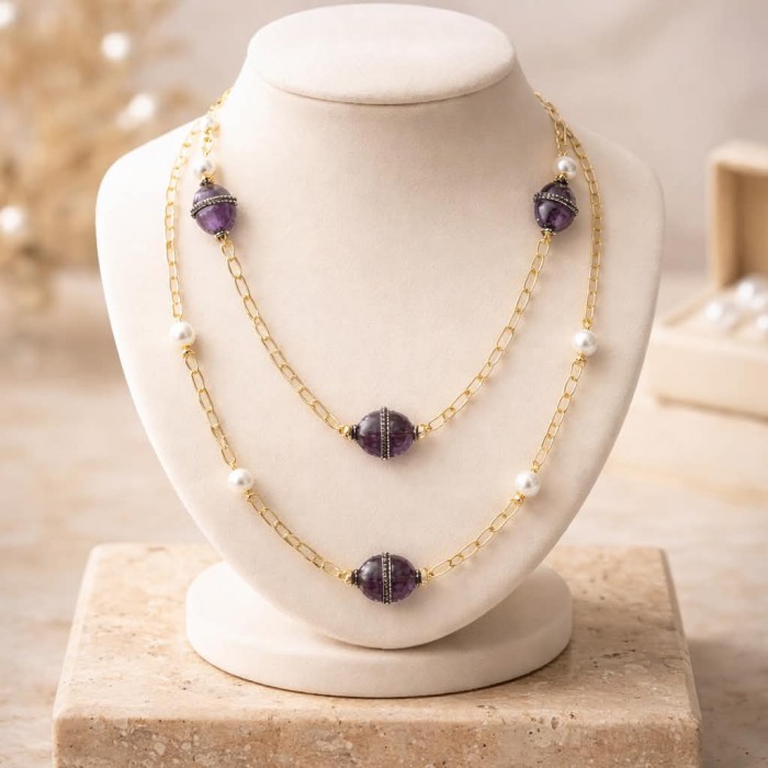 Natural Amethyst 14K Gold over .925 Sterling Silver handcrafted necklace, 32 inches - Amethyst and pearl gold necklace on display bust, front view.