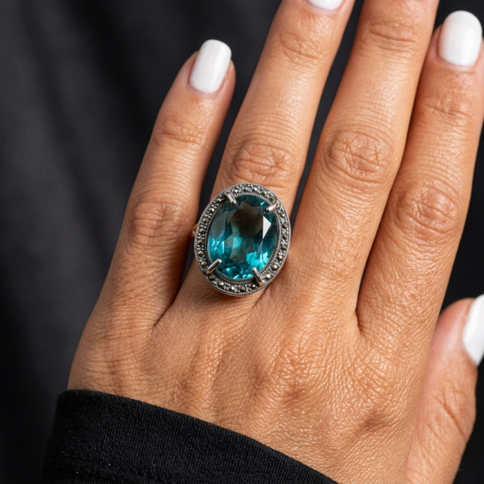 Massive Deep Blue 37.8 carat Aquamarine .925 Sterling Silver handcrafted Large ring size 7 - Aquamarine ring on hand, showcasing deep blue stone and sterling silver setting.
