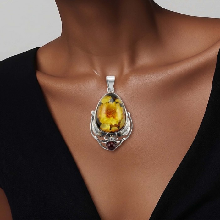 REAL ART! SUMMER Wild Sunflowers Fabulous - carved GENUINE Baltic Amber Sterling Silver handmade Pendant - Pendant with sunflowers design worn on the neck, front view.