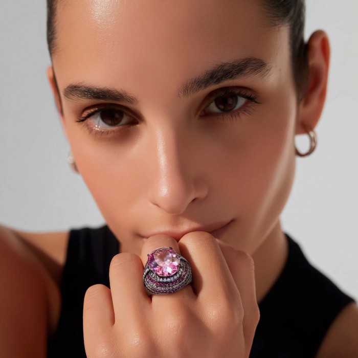 Anastasia 10.2 carat Pink Sapphire black rhodium over .925 Sterling Silver Handcrafted Statement Ring size 7 adjustable - Close-up of pink sapphire ring worn on hand.