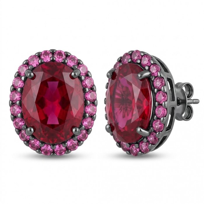 Matilde- Natural 17.8 carat Mozambique Garnet BLACK RHODIUM .925 Sterling Silver HandcraftedHandcrafted Earrings - Close-up of oval garnet earrings with pink gemstone halo and black rhodium.
