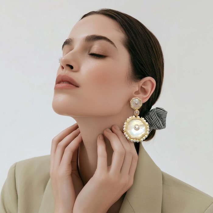 Large - Sublime Blister Pearl White Sapphire 18K Gold over .925 Sterling Silver handcrafted Earrings - Woman wearing large blister pearl earrings, side profile view.