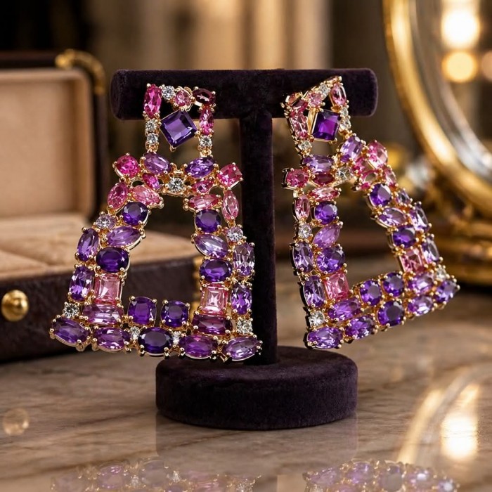 Esmeralda Natural 8.6 carat fancy Amethyst Kunzite 18K Rose Gold over .925 Sterling Silver handmade earrings - Amethyst Kunzite earrings on stand, front view, 18K Rose Gold.