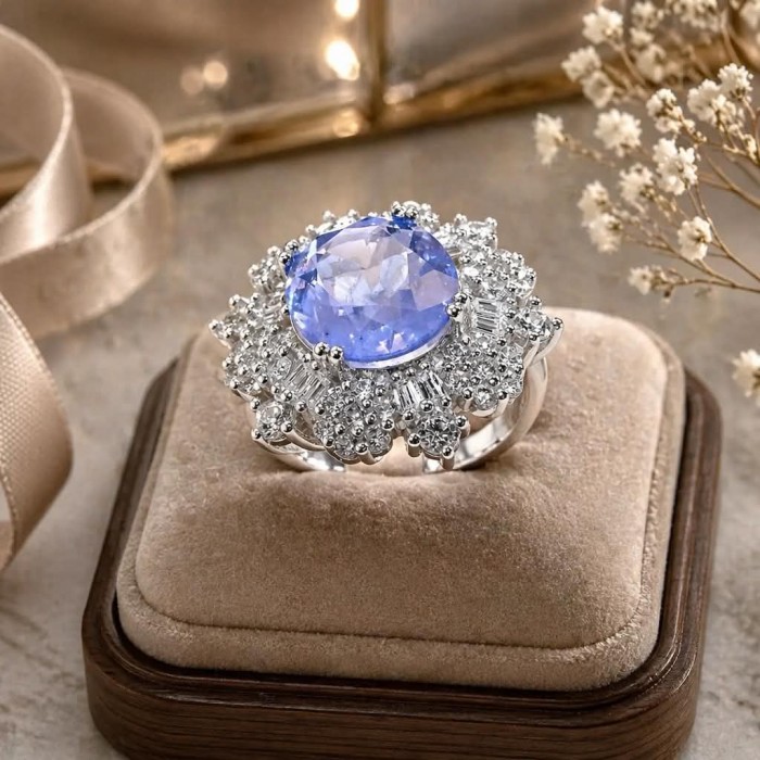 Nautilus 10.2 carat Tanzanite .925 Sterling Silver handcrafted Ring size 7 - Tanzanite ring on display, top view, with intricate stone detail.