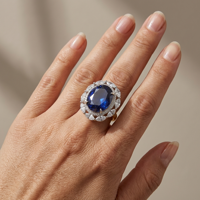 Precious Design oval cut 24.9 CARAT Tanzanite .925 Sterling Silver Statement Ring s. 5 1/4 - Tanzanite ring worn on hand, oval cut, surrounded by diamond accents.