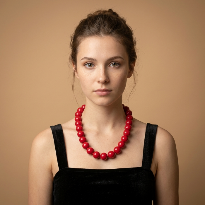 Konstancia Sublime natural Red Fossilized Coral Sterling Silver handmade Necklace - Woman wearing Konstancia red coral necklace, front view.