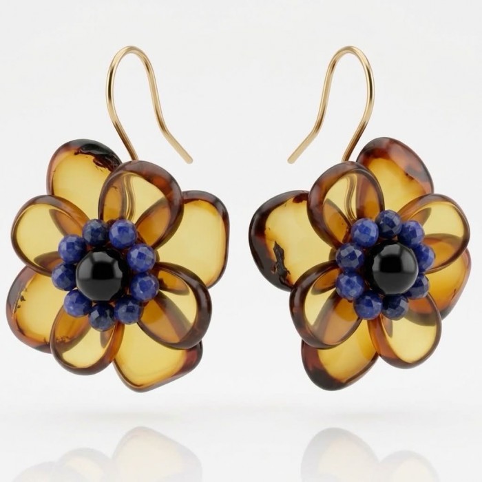 Summer Flowers Wonderful natural Baltic Amber 14K Gold over .925 Sterling Silver entirely handcrafted earrings - Front view of amber flower earrings with 14K gold hooks.
