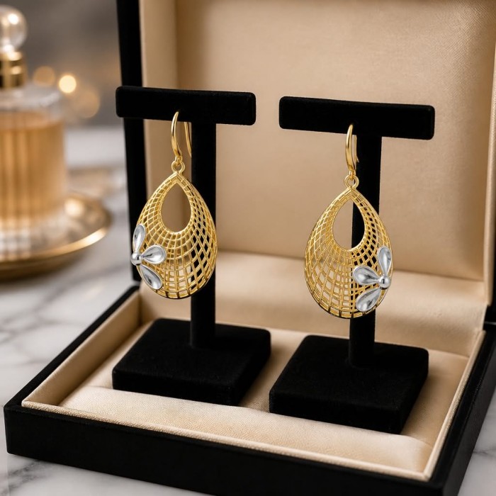 Dubai Style - Silver Flowers - .925 Sterling Silver dipped in 22K Gold handmade Large Earrings - Gold mesh earrings with silver flowers on velvet stands in display box.