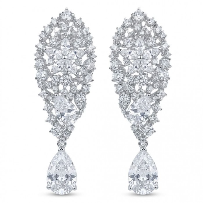 Veronica - Precious 35.5 carta White Topaz rhodium over .925 Sterling Silver .925 Sterling Silver Statement earrings - Front view of intricate white topaz earrings with pear-shaped drops