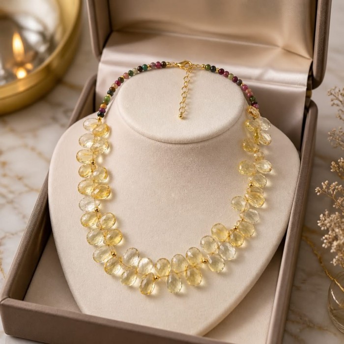 Francesca - briolette cut 45.2 carat Natural Brazilian Citrine Amethyst TOURMALINE .925 Sterling Silver dipped in 14K Gold handcrafted necklace - Necklace displayed in box, showcasing briolette cut gemstones