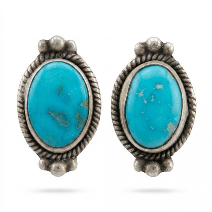 Great authentic Morenci Turquoise .925 Sterling Silver handcrafted Earrings - Close-up of Morenci Turquoise earrings with sterling silver accents.